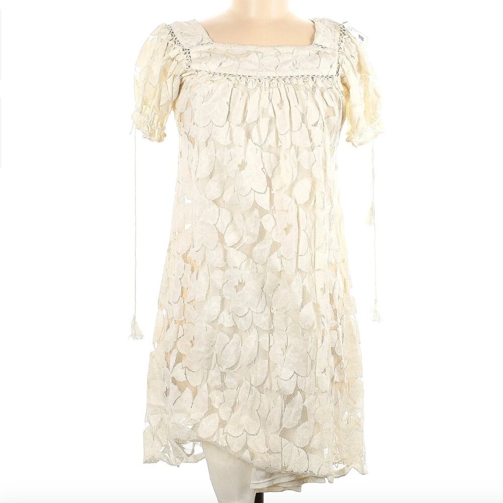 Anthropologie Trulli Ivory Lace Crochet Dress with Tassel Puff Sleeve Size XS